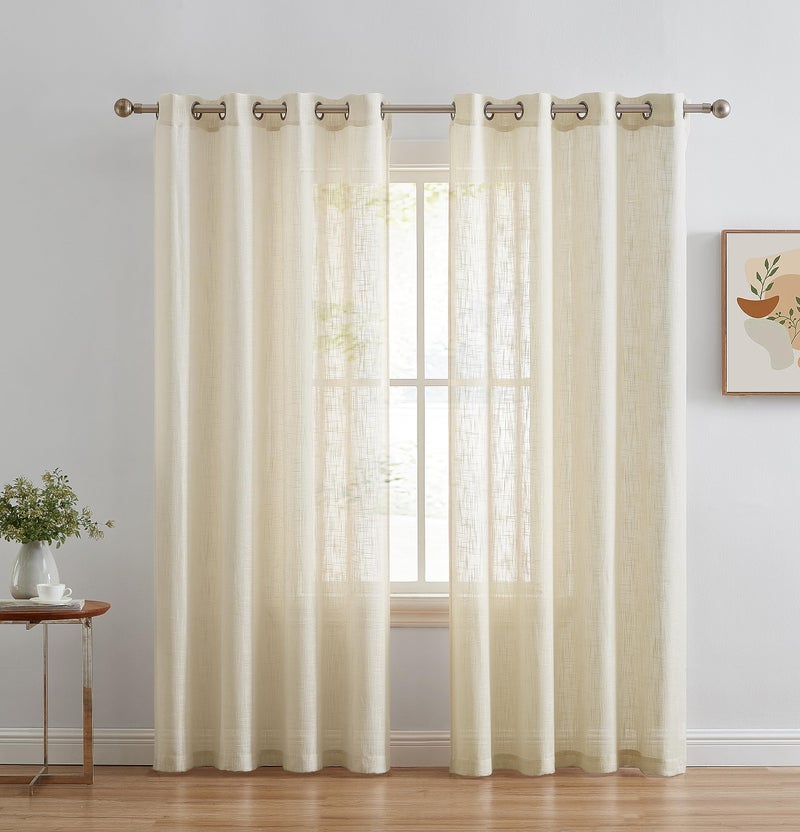HLC.ME Abbey Faux Linen Textured Semi Sheer Privacy Sun Light Filtering Transparent Window Grommet Short Thick Curtains Drapery Panels for Kitchen & Bathroom, 2 Panels (54 W x 63 L, Beige) - Image 1